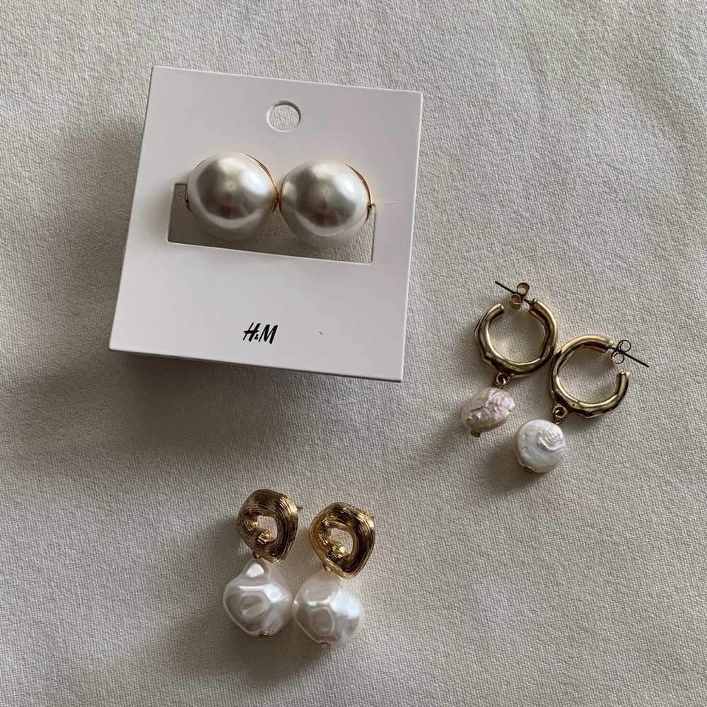 H&M Gold Tone and Faux Pearl Earring Trio